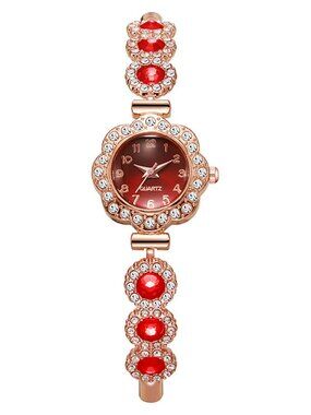 Rose Gold Red Crystal Floral Quartz Bracelet Watch for Women